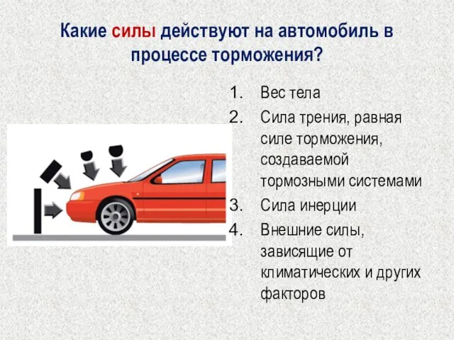 Какие силы действуют на автомобиль в процессе торможения? Вес тела Сила