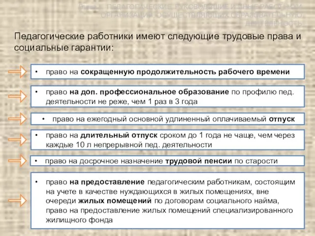 Педагогические работники имеют следующие трудовые права и социальные гарантии: право на