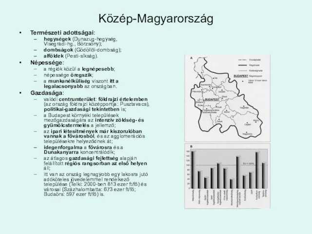 Közép-Magyarország Természeti adottságai: hegységek (Dunazug-hegység, Visegrádi-hg., Börzsöny); dombságok (Gödöllői-dombság); alföldek (Pesti-síkság).