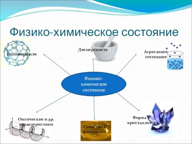 Физико-химическое состояние Физико-химическое состояние Полиморфизм Дисперсность Агрегатное состояние Оптические и др.