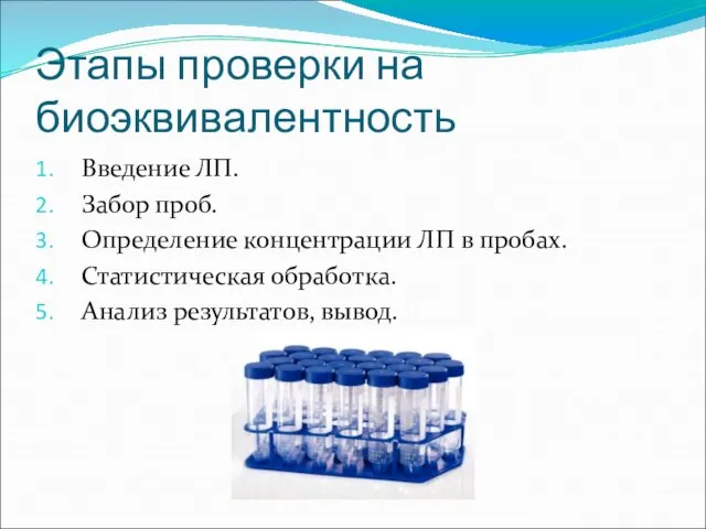 Этапы проверки на биоэквивалентность Введение ЛП. Забор проб. Определение концентрации ЛП