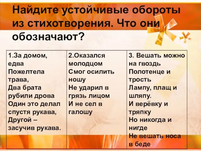 Найдите устойчивые обороты из стихотворения. Что они обозначают?