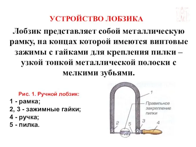 ГБОУ СОШ №45 Г. СЕВАСТОПОЛЬ УСТРОЙСТВО ЛОБЗИКА Лобзик представляет собой металлическую