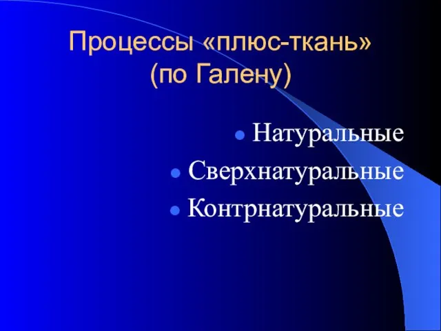 Процессы «плюс-ткань» (по Галену) Натуральные Сверхнатуральные Контрнатуральные