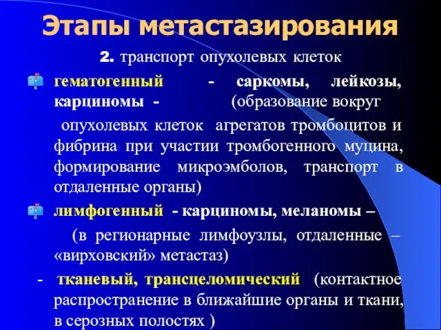 Этапы метастазирования 2. транспорт опухолевых клеток гематогенный - саркомы, лейкозы, карциномы