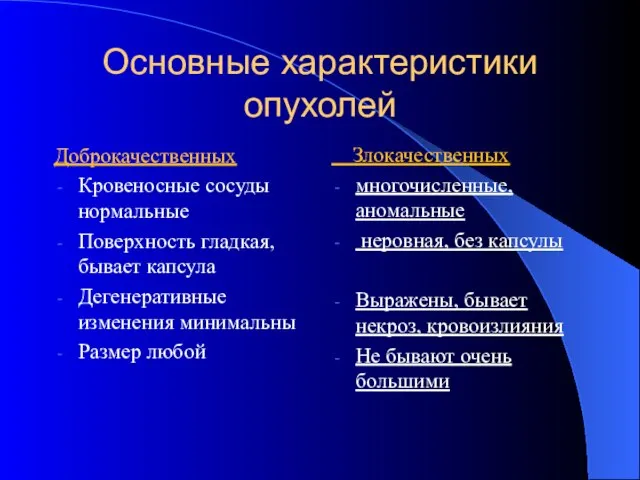 Основные характеристики опухолей Доброкачественных Кровеносные сосуды нормальные Поверхность гладкая, бывает капсула