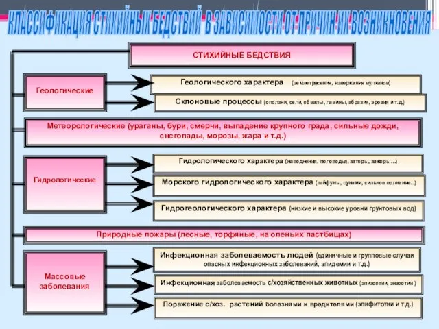 СТИХИЙНЫЕ БЕДСТВИЯ Геологического характера (землетрясения, извержения вулканов) Склоновые процессы (оползни, сели,