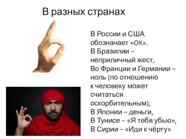 В разных странах В России и США обозначает «OK». В Бразилии