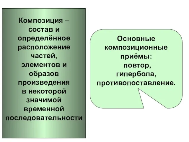 Основные композиционные приёмы: повтор, гипербола, противопоставление. Композиция – состав и определённое