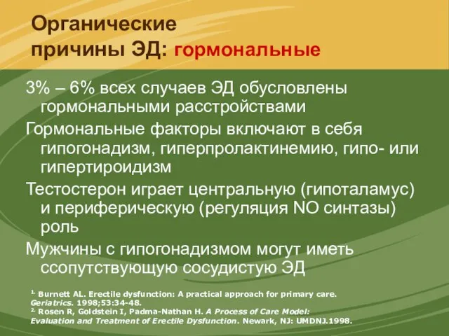 3% – 6% всех случаев ЭД обусловлены гормональными расстройствами Гормональные факторы