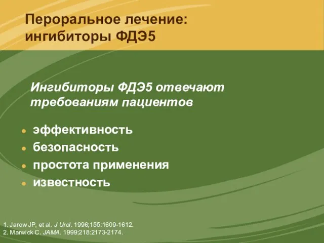 Пероральное лечение: ингибиторы ФДЭ5 эффективность безопасность простота применения известность 1. Jarow