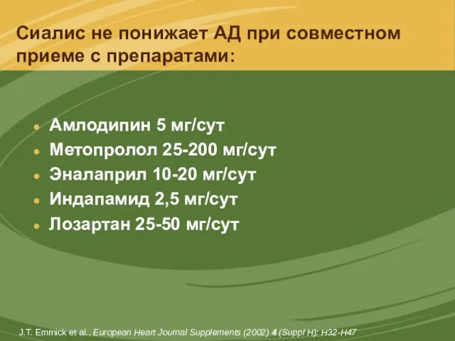 Сиалис не понижает АД при совместном приеме с препаратами: Амлодипин 5