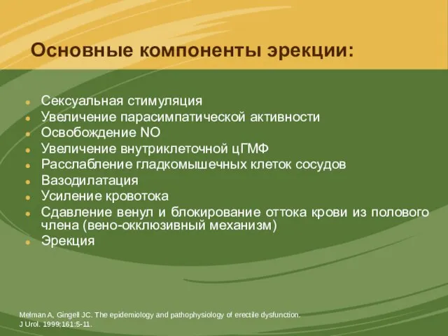 Основные компоненты эрекции: Сексуальная стимуляция Увеличение парасимпатической активности Освобождение NO Увеличение