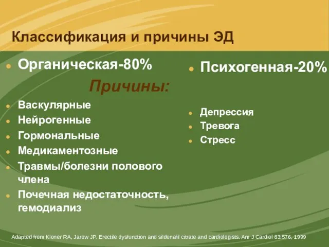 Классификация и причины ЭД Органическая-80% Причины: Васкулярные Нейрогенные Гормональные Медикаментозные Травмы/болезни