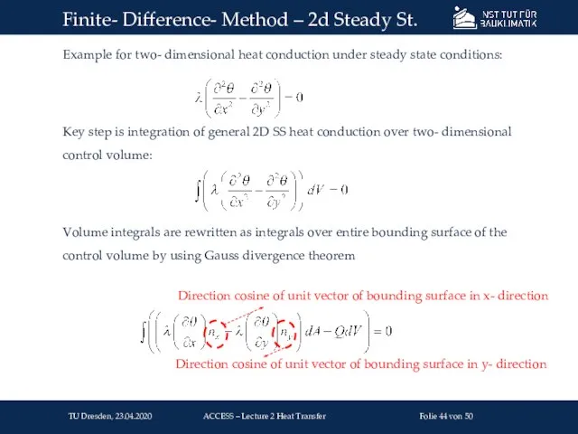 Example for two- dimensional heat conduction under steady state conditions: Key