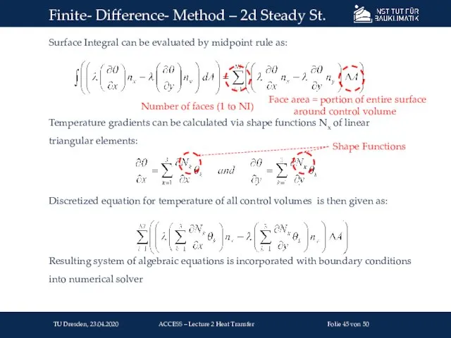 Surface Integral can be evaluated by midpoint rule as: Temperature gradients