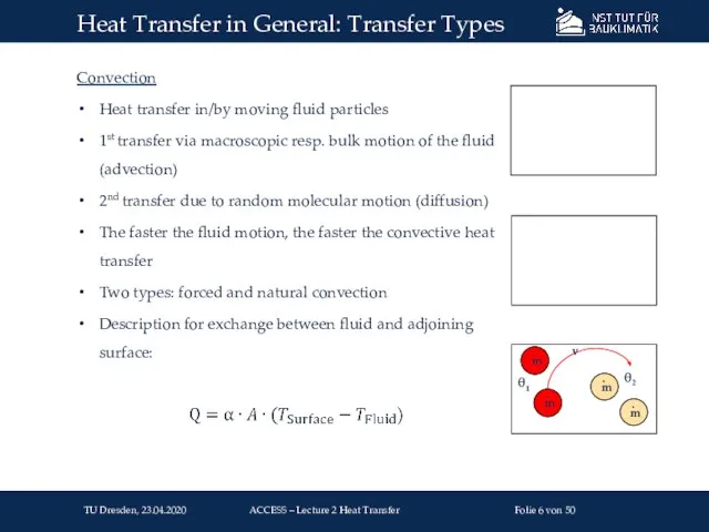 Convection Heat transfer in/by moving fluid particles 1st transfer via macroscopic