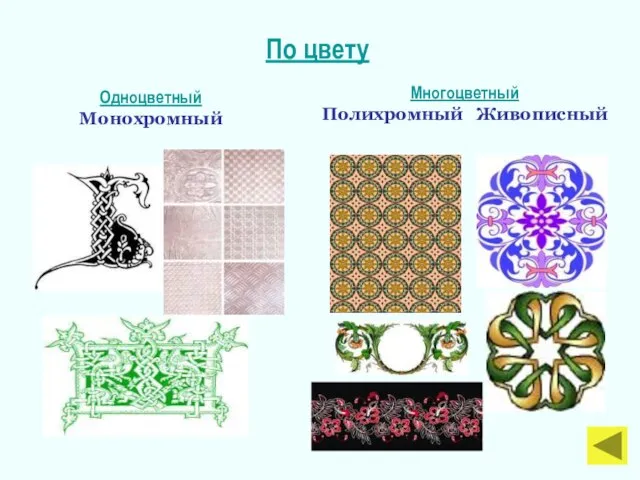 По цвету Одноцветный Монохромный Многоцветный Полихромный Живописный