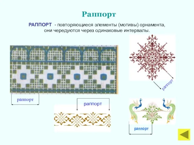 раппорт раппорт РАППОРТ - повторяющиеся элементы (мотивы) орнамента, они чередуются через одинаковые интервалы. Раппорт