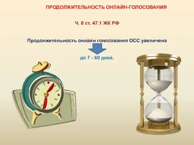 ПРОДОЛЖИТЕЛЬНОСТЬ ОНЛАЙН-ГОЛОСОВАНИЯ Ч. 8 ст. 47.1 ЖК РФ Продолжительность онлайн голосования