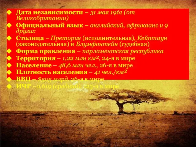 Дата независимости – 31 мая 1961 (от Великобритании) Официальный язык –