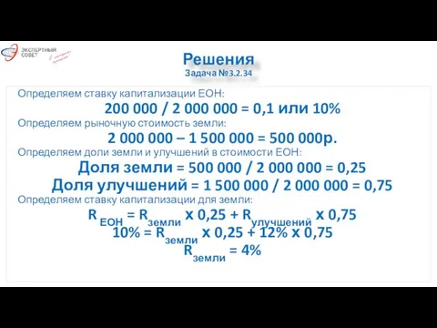 Решения Задача №3.2.34 Определяем ставку капитализации ЕОН: 200 000 / 2