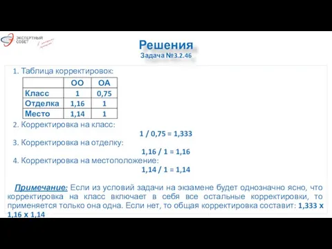 Решения Задача №3.2.46 1. Таблица корректировок: 2. Корректировка на класс: 1