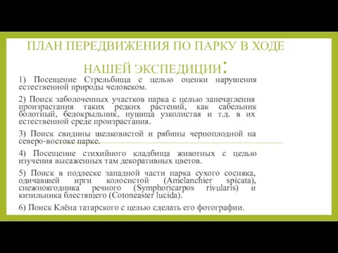 ПЛАН ПЕРЕДВИЖЕНИЯ ПО ПАРКУ В ХОДЕ НАШЕЙ ЭКСПЕДИЦИИ: 1) Посещение Стрельбища