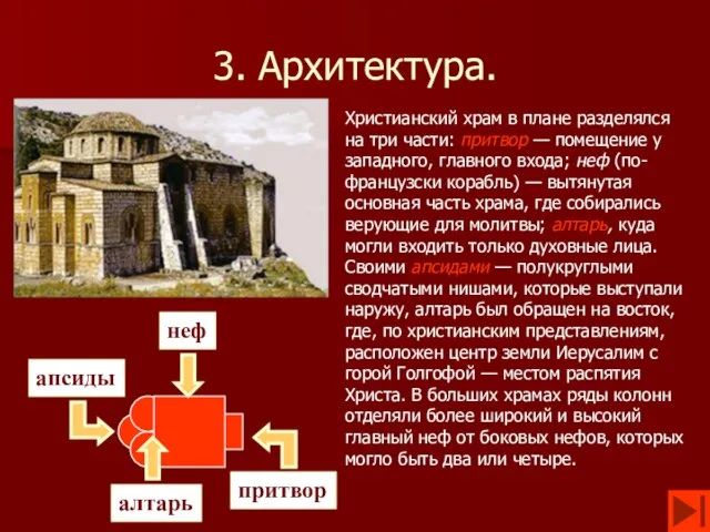 3. Архитектура. Христианский храм в плане разделялся на три части: притвор