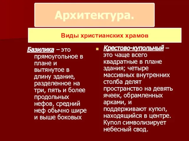 Архитектура. Базилика – это прямоугольное в плане и вытянутое в длину