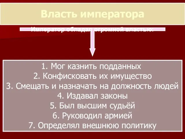 Власть императора Император обладал огромной властью: Мог казнить подданных 2. Конфисковать