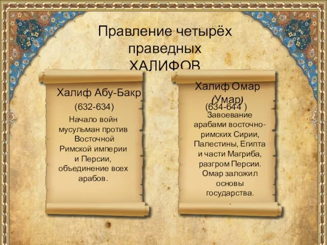 Правление четырёх праведных ХАЛИФОВ Халиф Абу-Бакр (632-634) Начало войн мусульман против