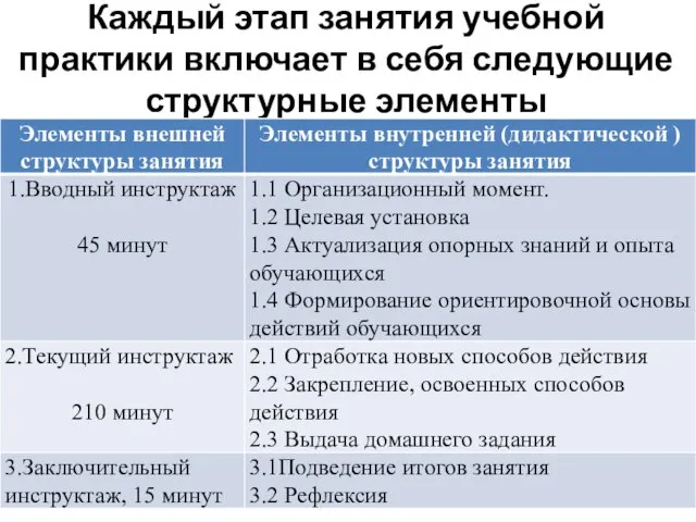 Каждый этап занятия учебной практики включает в себя следующие структурные элементы