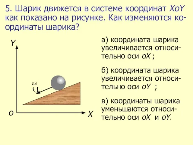 5. Шарик движется в системе координат ХоY как показано на рисунке. Как изменяются ко-ординаты шарика?