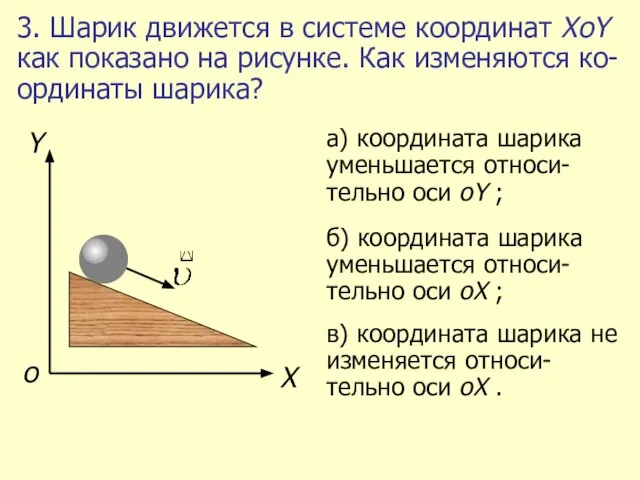 3. Шарик движется в системе координат ХоY как показано на рисунке. Как изменяются ко-ординаты шарика?