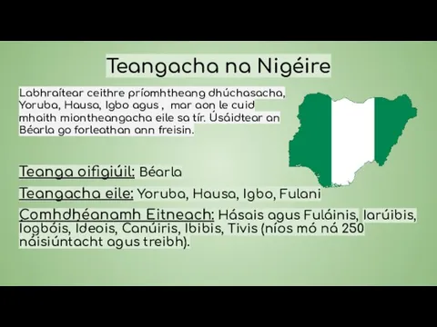 Teangacha na Nigéire Teanga oifigiúil: Béarla Teangacha eile: Yoruba, Hausa, Igbo,