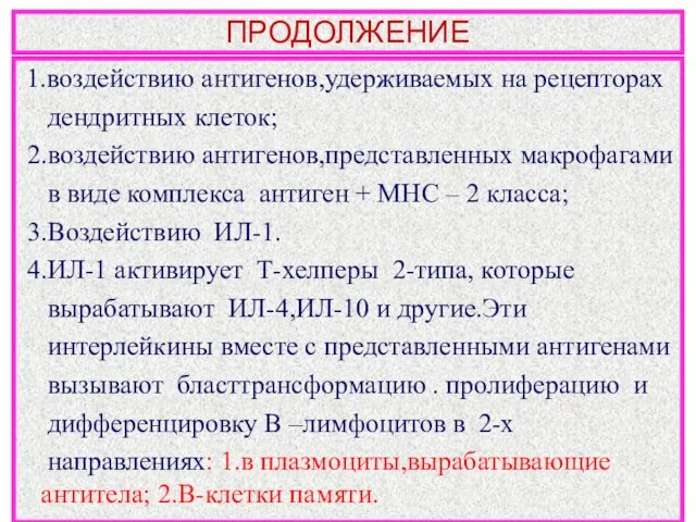 ПРОДОЛЖЕНИЕ 1.воздействию антигенов,удерживаемых на рецепторах дендритных клеток; 2.воздействию антигенов,представленных макрофагами в