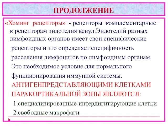 ПРОДОЛЖЕНИЕ «Хоминг рецепторы» - рецепторы комплементарные к рецепторам эндотелия венул.Эндотелий разных