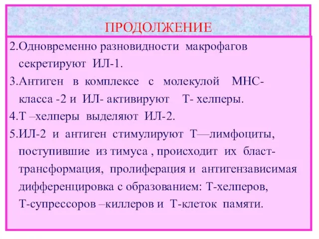 ПРОДОЛЖЕНИЕ 2.Одновременно разновидности макрофагов секретируют ИЛ-1. 3.Антиген в комплексе с молекулой