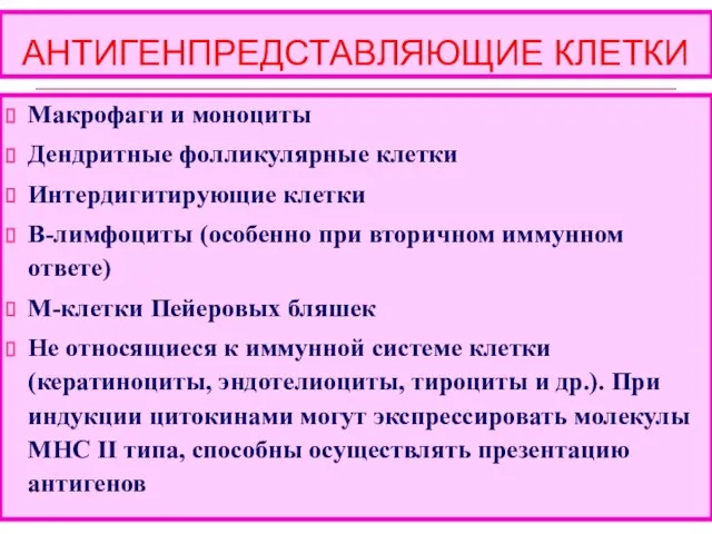 АНТИГЕНПРЕДСТАВЛЯЮЩИЕ КЛЕТКИ Макрофаги и моноциты Дендритные фолликулярные клетки Интердигитирующие клетки В-лимфоциты