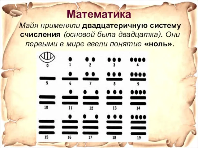 Майя применяли двадцатеричную систему счисления (основой была двадцатка). Они первыми в мире ввели понятие «ноль». Математика