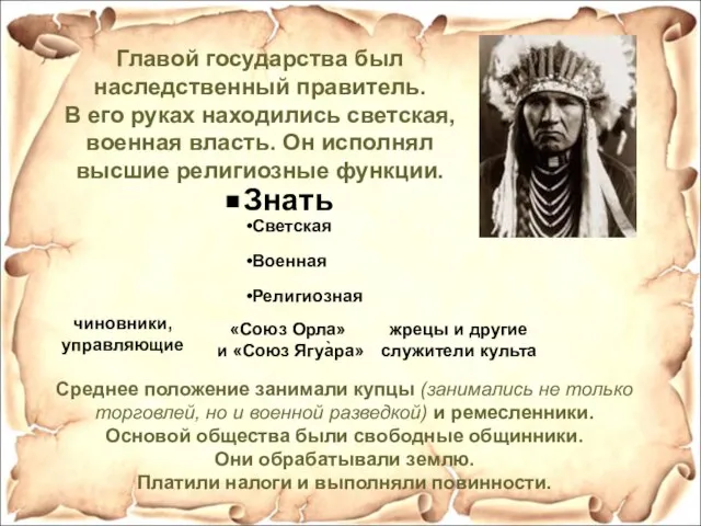 Главой государства был наследственный правитель. В его руках находились светская, военная