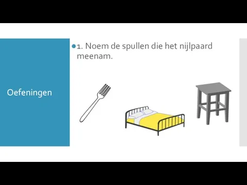 Oefeningen 1. Noem de spullen die het nijlpaard meenam.