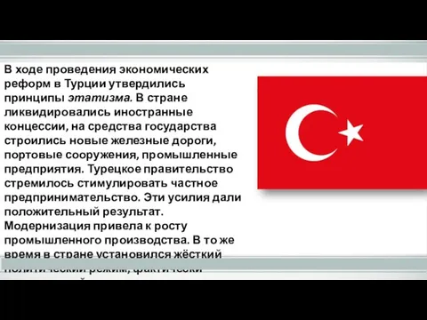 В ходе проведения экономических реформ в Турции утвердились принципы этатизма. В