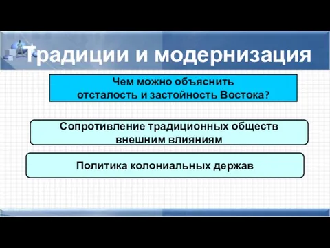 Традиции и модернизация Чем можно объяснить отсталость и застойность Востока? Сопротивление