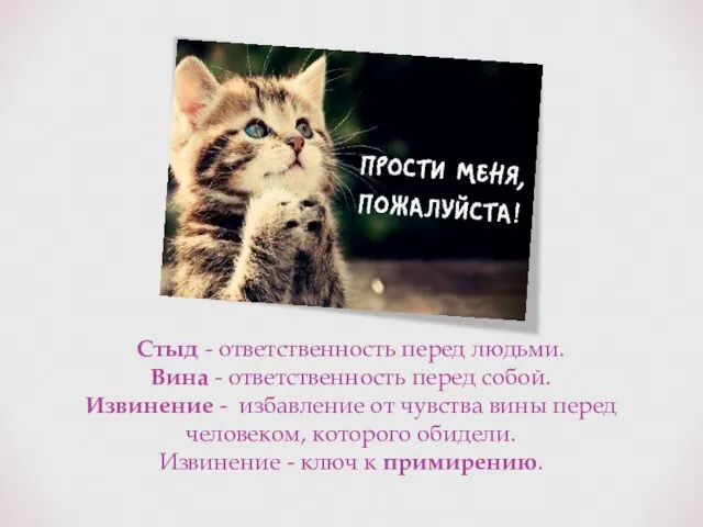 Стыд - ответственность перед людьми. Вина - ответственность перед собой. Извинение