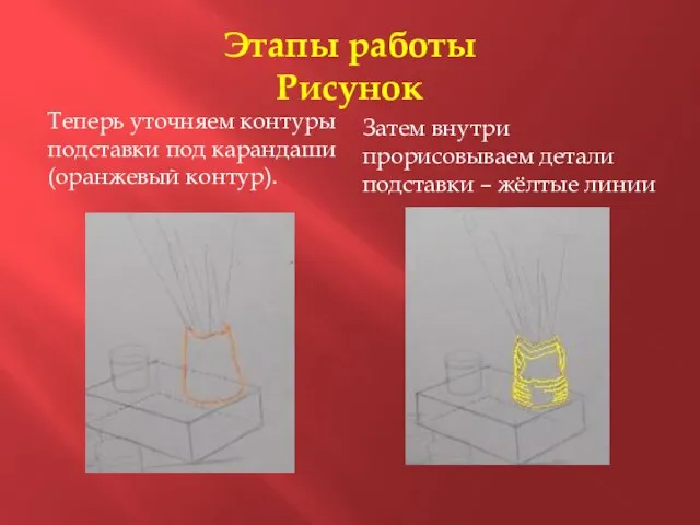 Этапы работы Рисунок Теперь уточняем контуры подставки под карандаши (оранжевый контур).