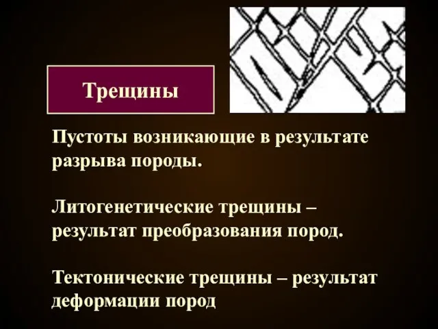 Пустоты возникающие в результате разрыва породы. Литогенетические трещины – результат преобразования