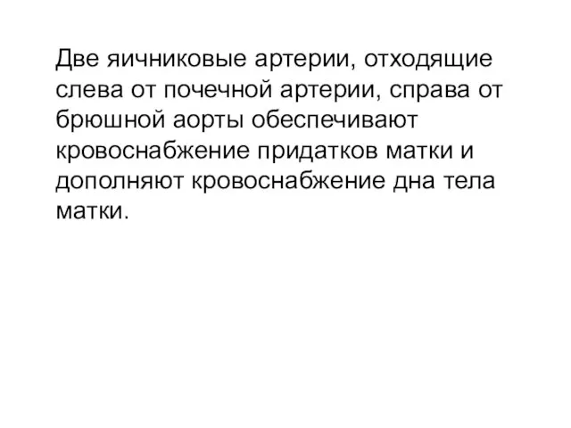 Две яичниковые артерии, отходящие слева от почечной артерии, справа от брюшной