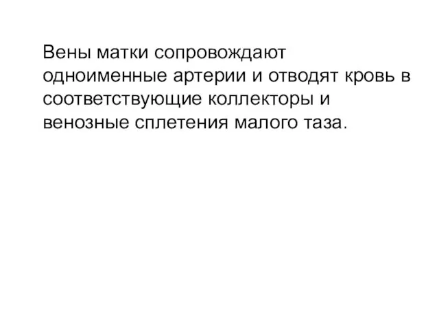 Вены матки сопровождают одноименные артерии и отводят кровь в соответствующие коллекторы и венозные сплетения малого таза.